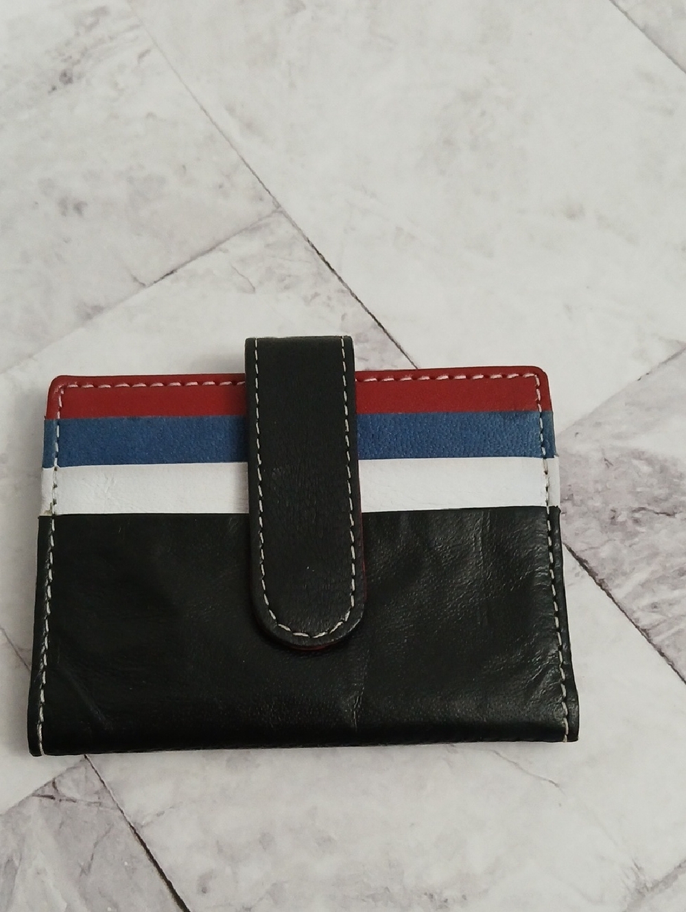 Striped Colorblock Leather Wallet - Black, Red, Blue, White